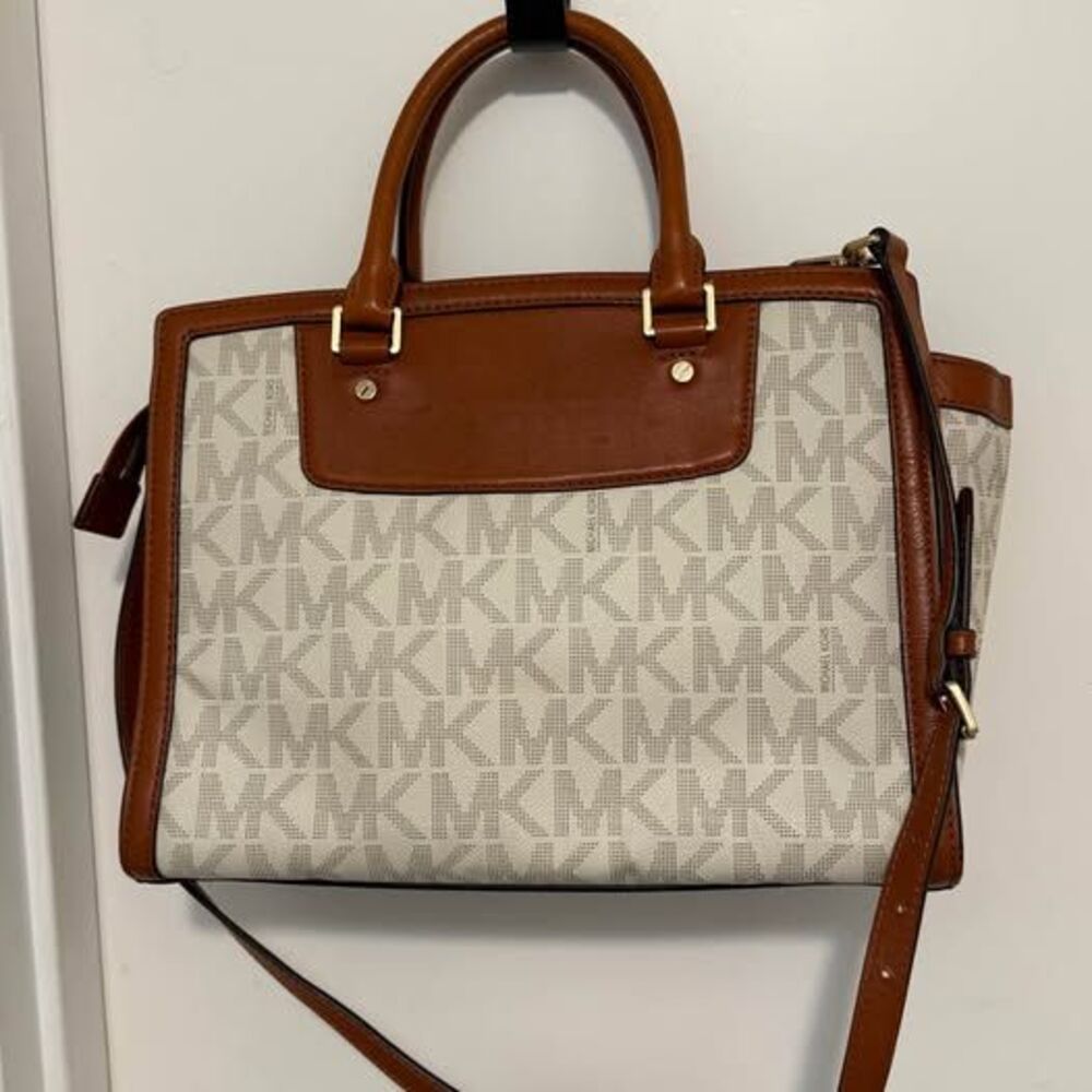 Michael Kors Signature Medium Satchel Crossbody Handbag - Off-White/Luggage Brow - Picture 10 of 10